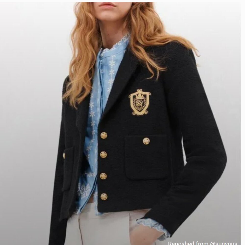 Nwot Zara Tweed Black Blazer Textured Patch Pocket  Emblem Gold ButtonsCropped L
